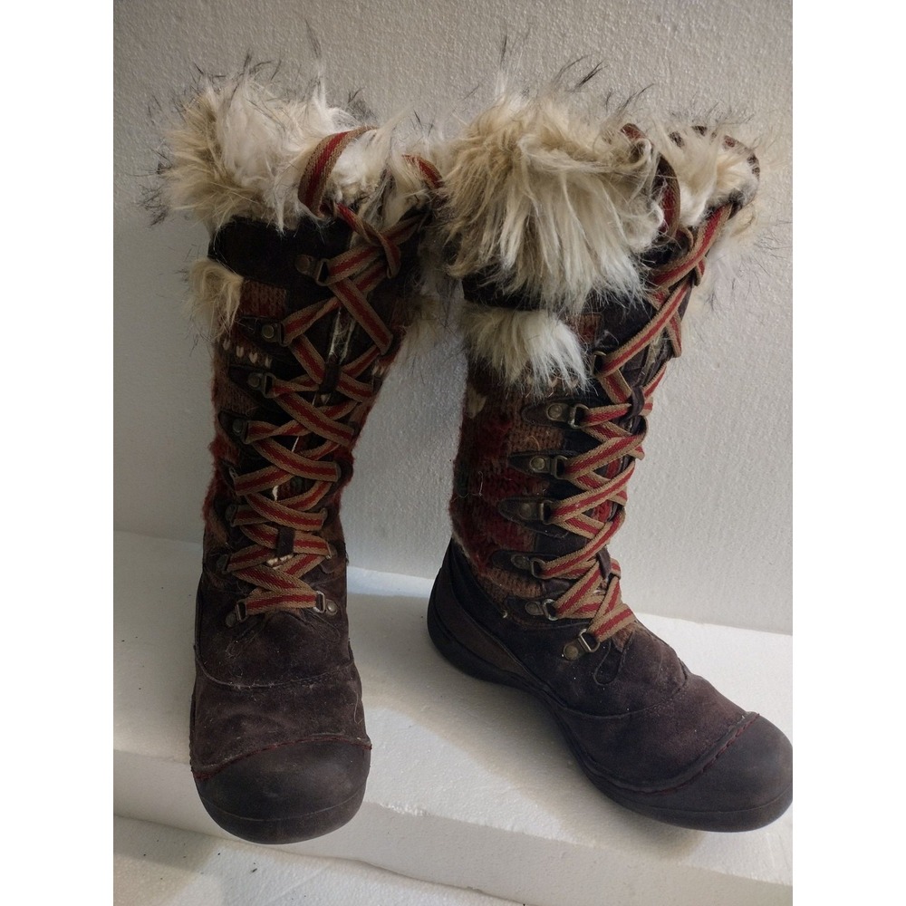 Mukluks Boots Womens 8 Brown Faux Fur Knit Tall Winter Lace Up Thinsulate 200g